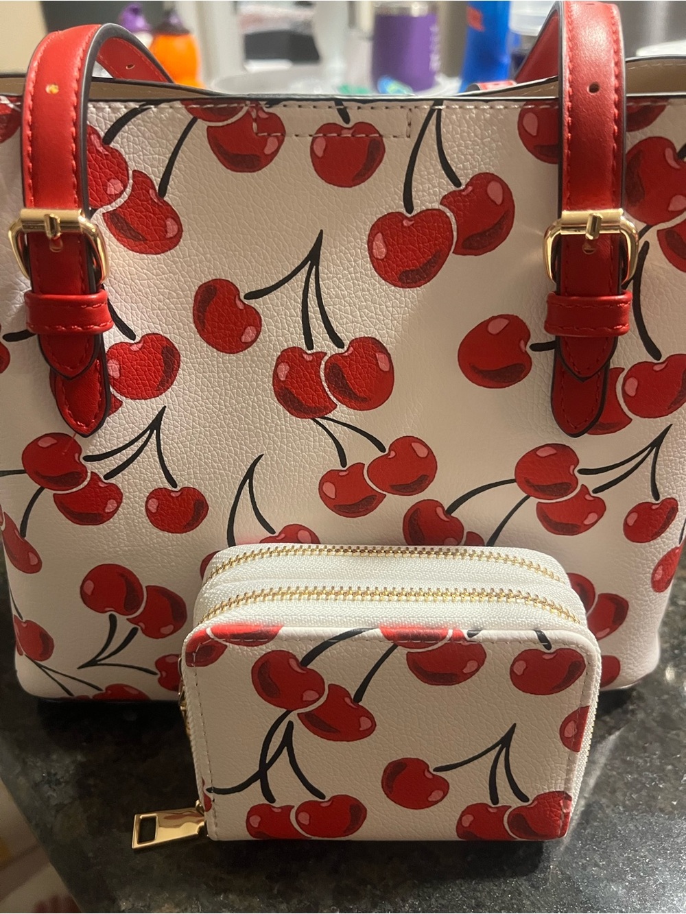Cherry Print White Tote Bag with Matching Coin Purse